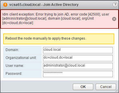CSO アカウント VMware VCSA 6.5 error code 42500 joining Active Directory
