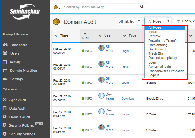 Spinbackup-Domain-Audit-dashboard