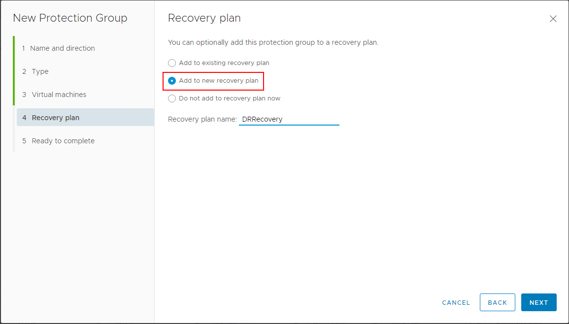 Adding-the-protection-group-to-a-new-recovery-plan-in-Site-Recovery-Manager