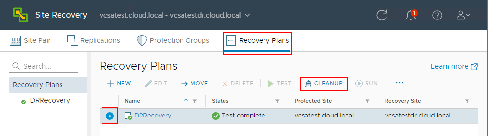 Running-cleanup-job-after-testing-a-recovery-plan-in-VMware-Site-Recovery-Manager-8.1
