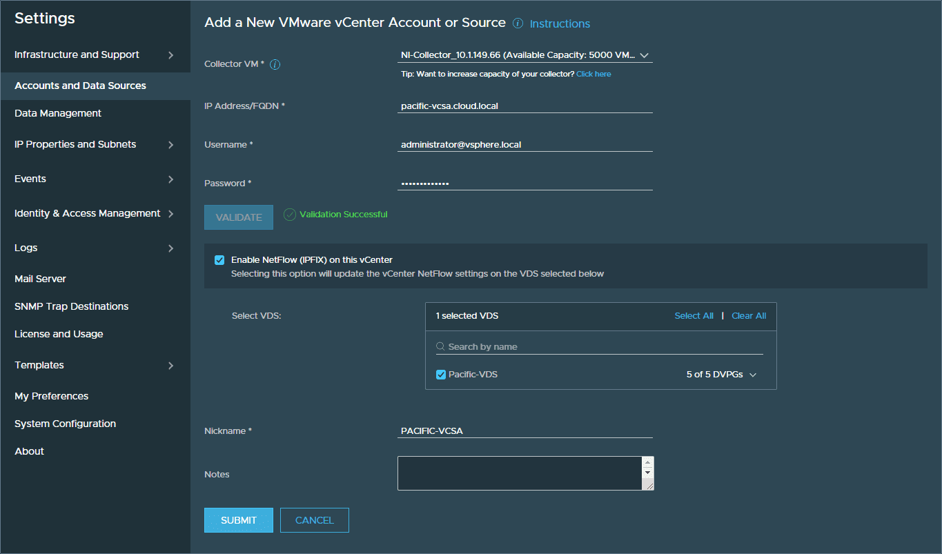 Validate-the-vCenter-connection-netflow-and-VDS-before-submitting