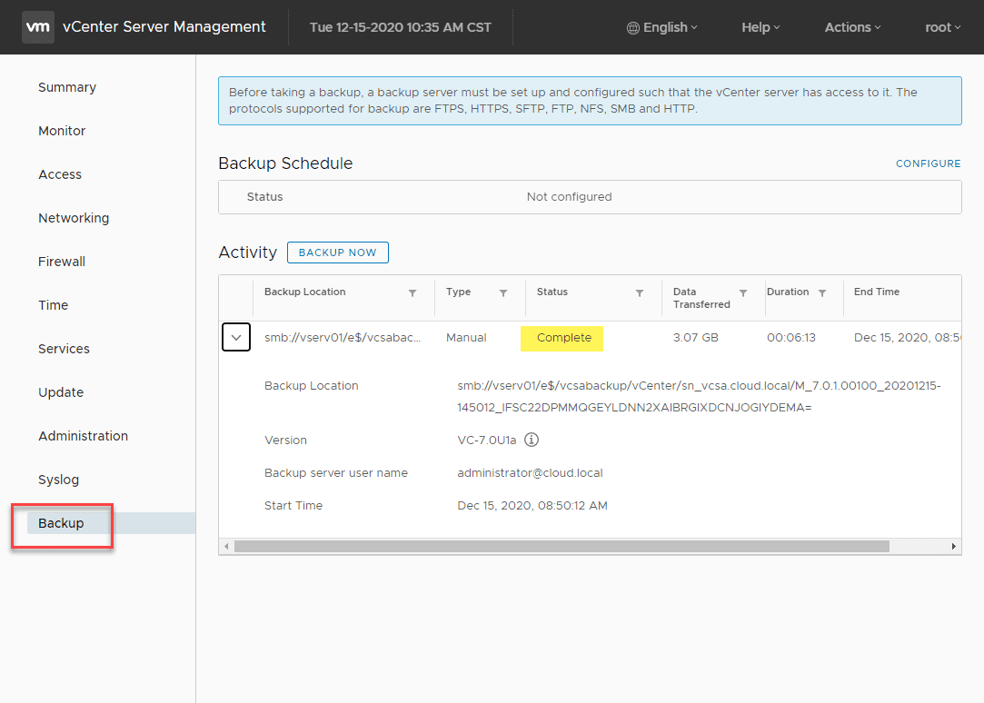 Backup vCenter Server to Windows File Share