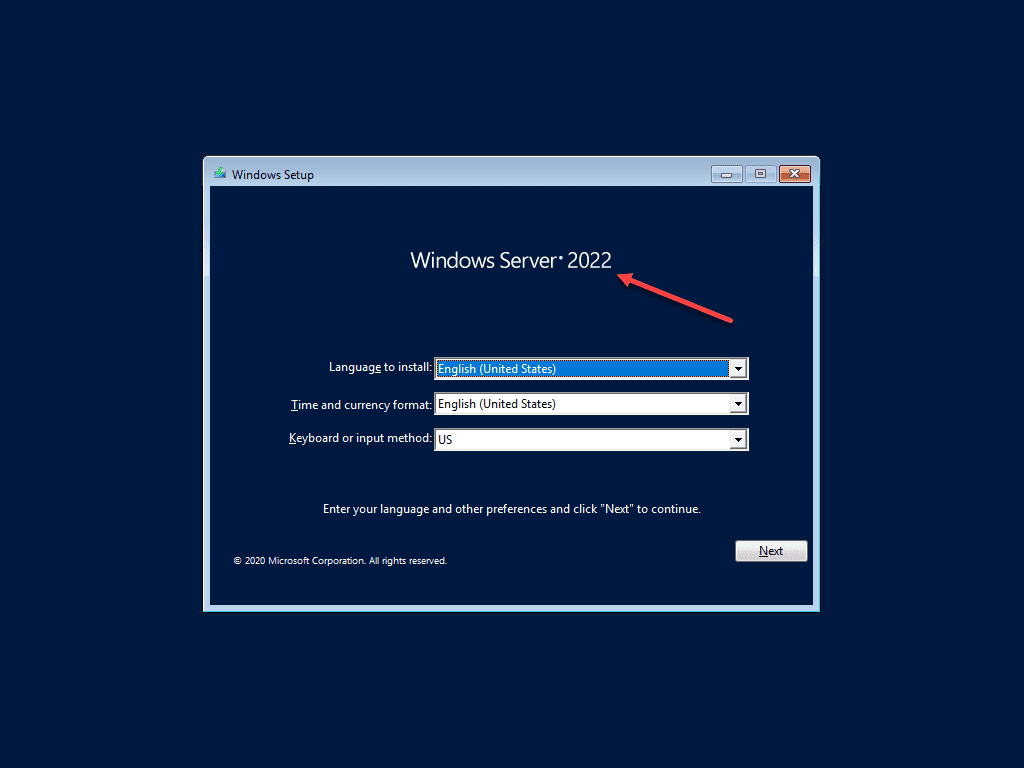 Windows server 2022 showing on the installer splash screen