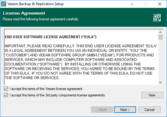 Accept the eula for veeam backup and replication v11