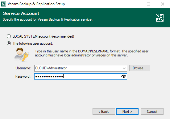 Choose the service account for the veeam backup and replication services