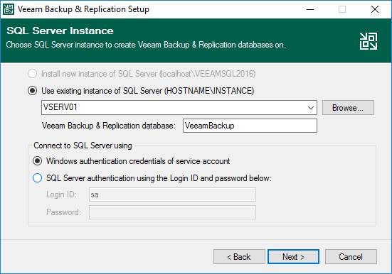 Choose the sql server instance for your veeam backup and replication instance