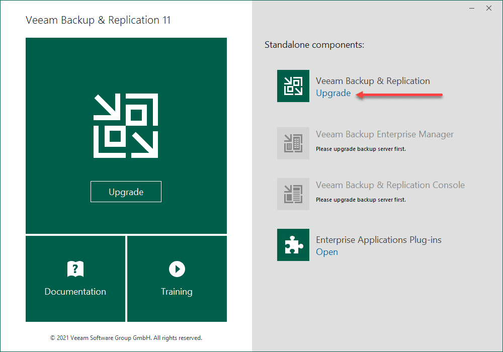 Choose to upgrade your veeam backup and replication server