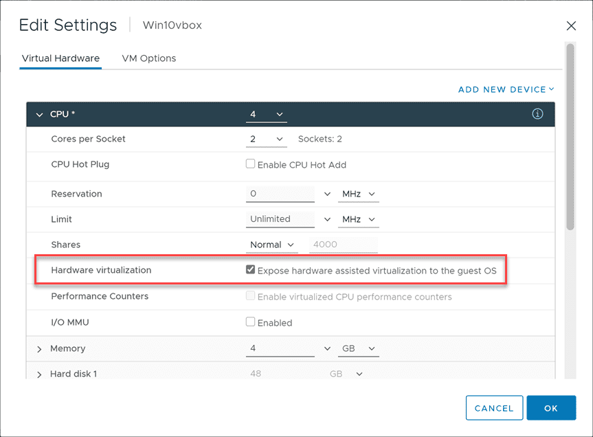 Configuring the hardware virtualization setting for virtualbox nested virtualization inside vmware esxi