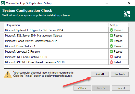 Review the system configuration check and install missing components