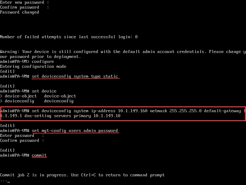 Setting initial management ip address default gateway dns and setting admin password