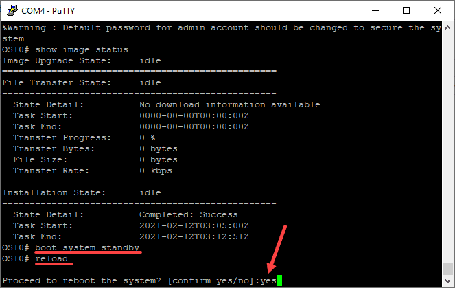 Setting the boot system and reloading the switch