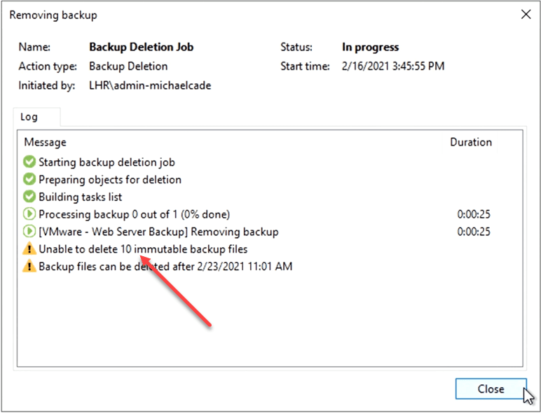 Unable to delete immutable backups in veeam version 11