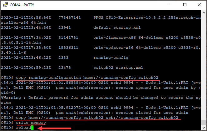 Writing memory and reloading the switch