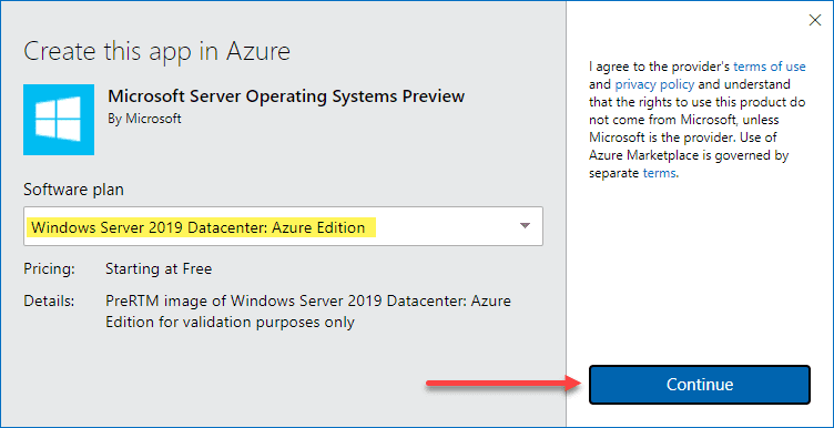 Activating the preview of windows server 2019 datacenter azure edition