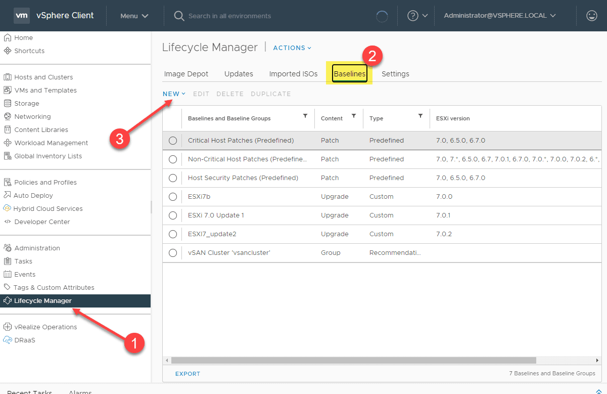 Creating a new upgrade baseline for vsphere 7.0 update 2