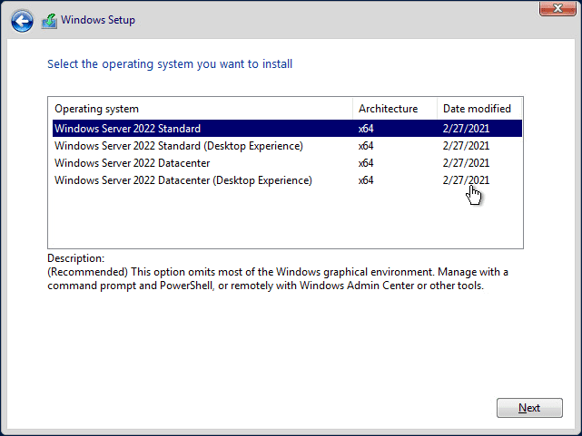 Installing windows server 2022 public preview