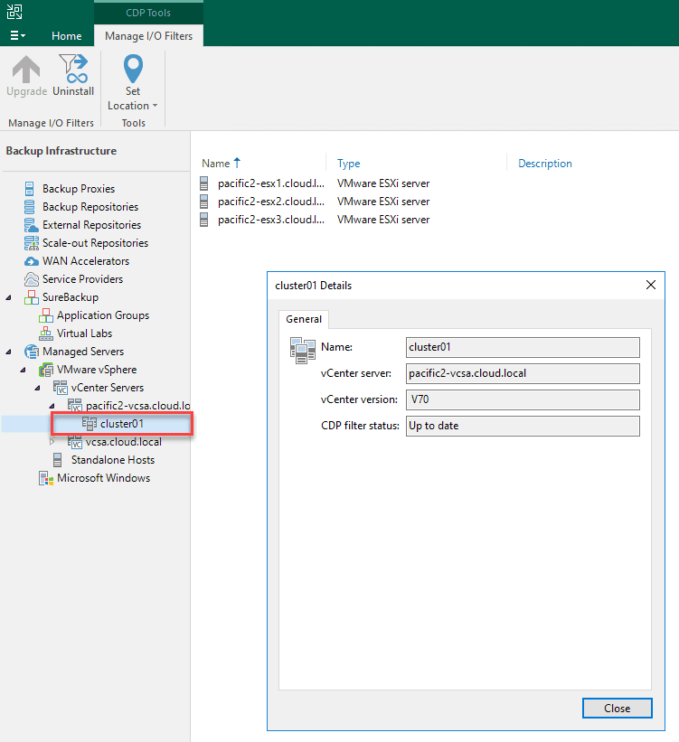 The filter is enabled and showing up to date for the vsphere cluster