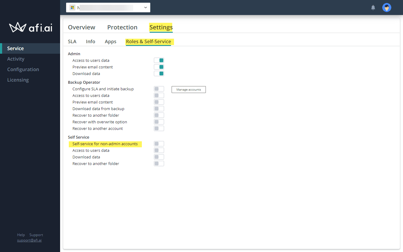Afi.ai roles and settings and self service settings