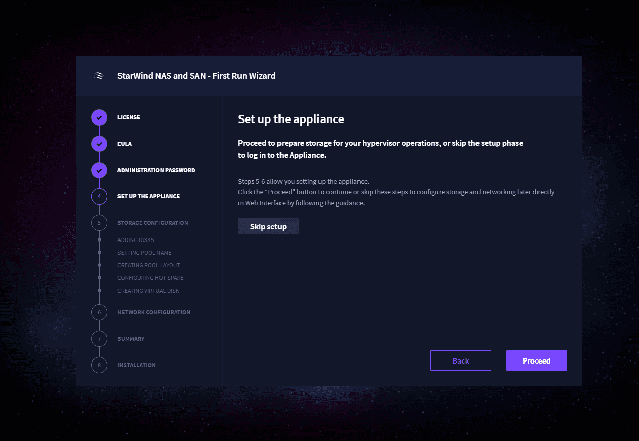 Choose whether or not to begin the setup wizard for storage