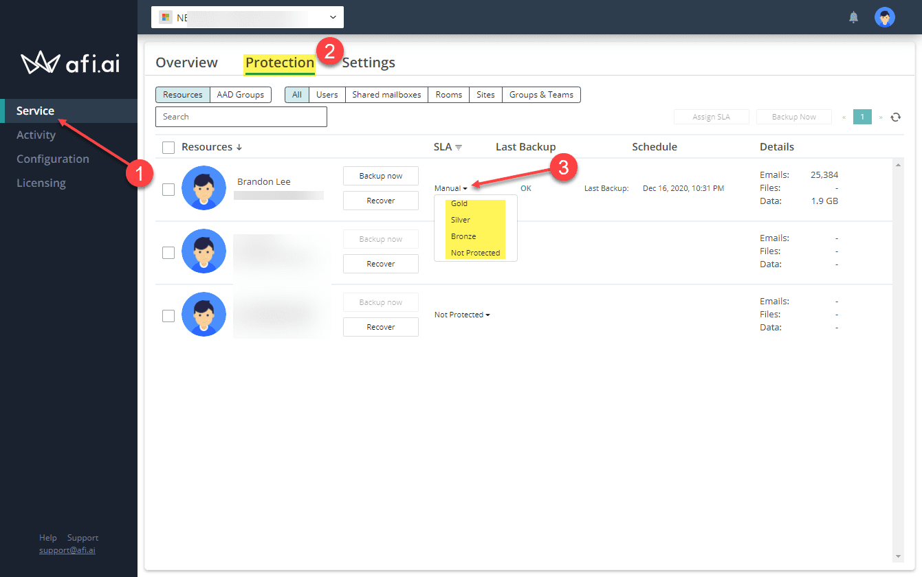 Configuring the backups for a user in afi.ai