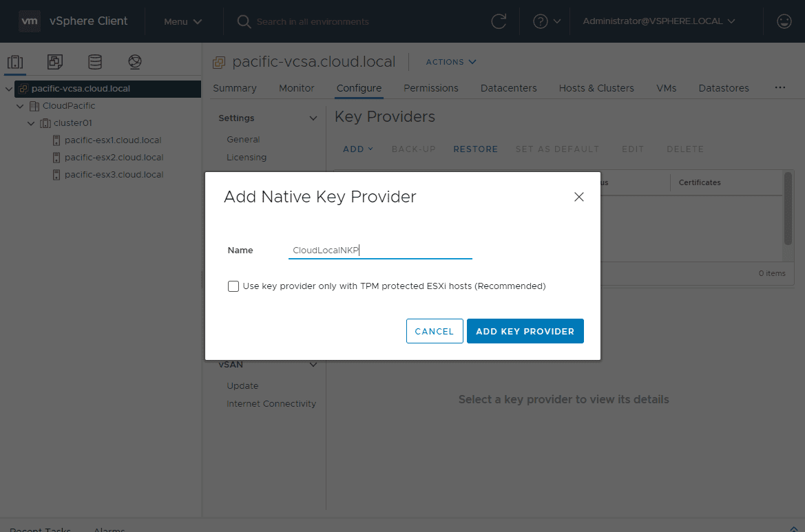 Name the native key provider and select whether or not you only want to use tpm hosts