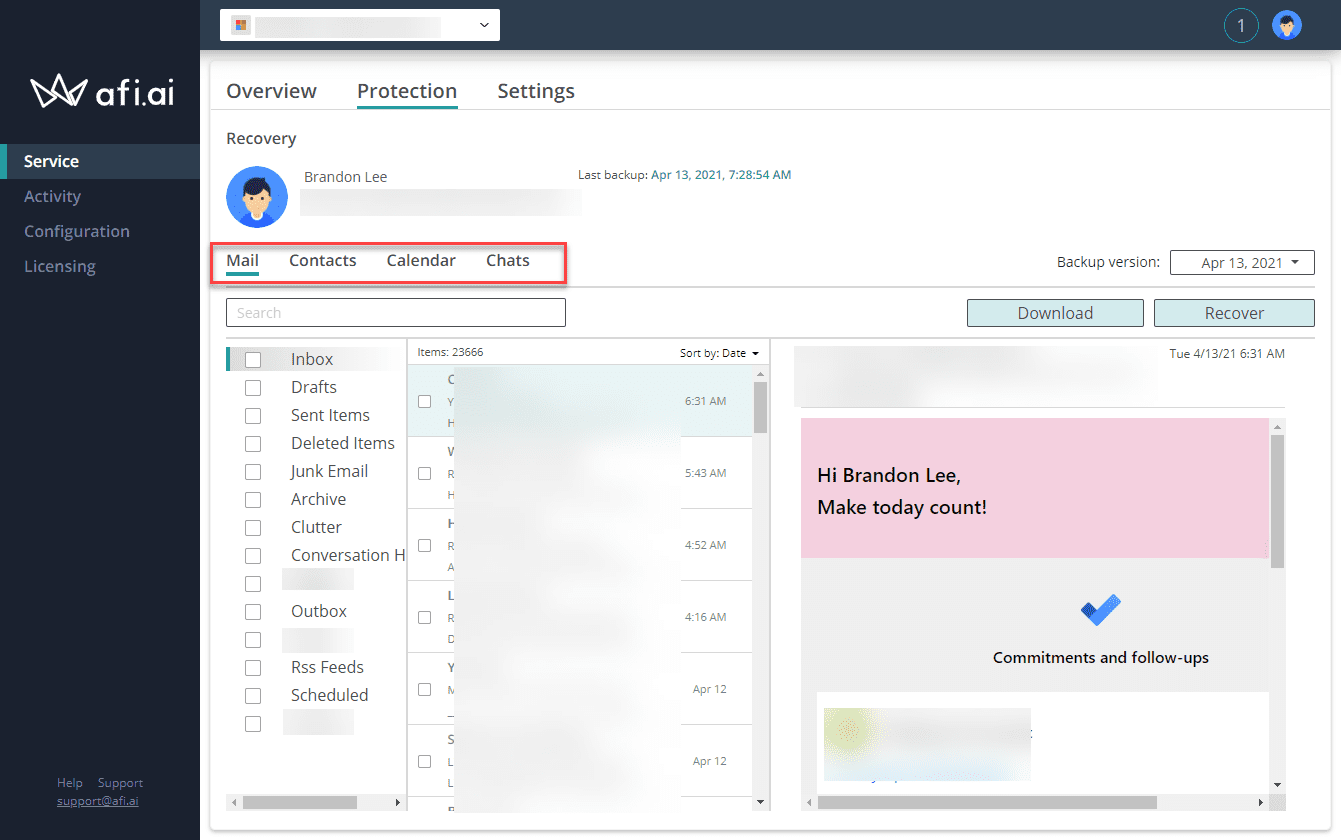On the recovery screen you have an instant view of your backup data in afi