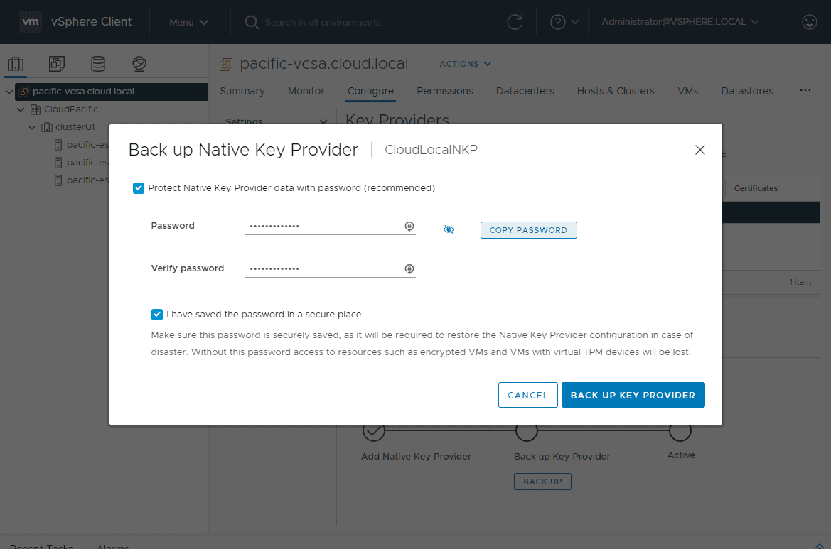 Password protect the native key provider and verify password is in a safe place