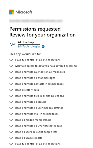 Permissions requested after choosing to install afi