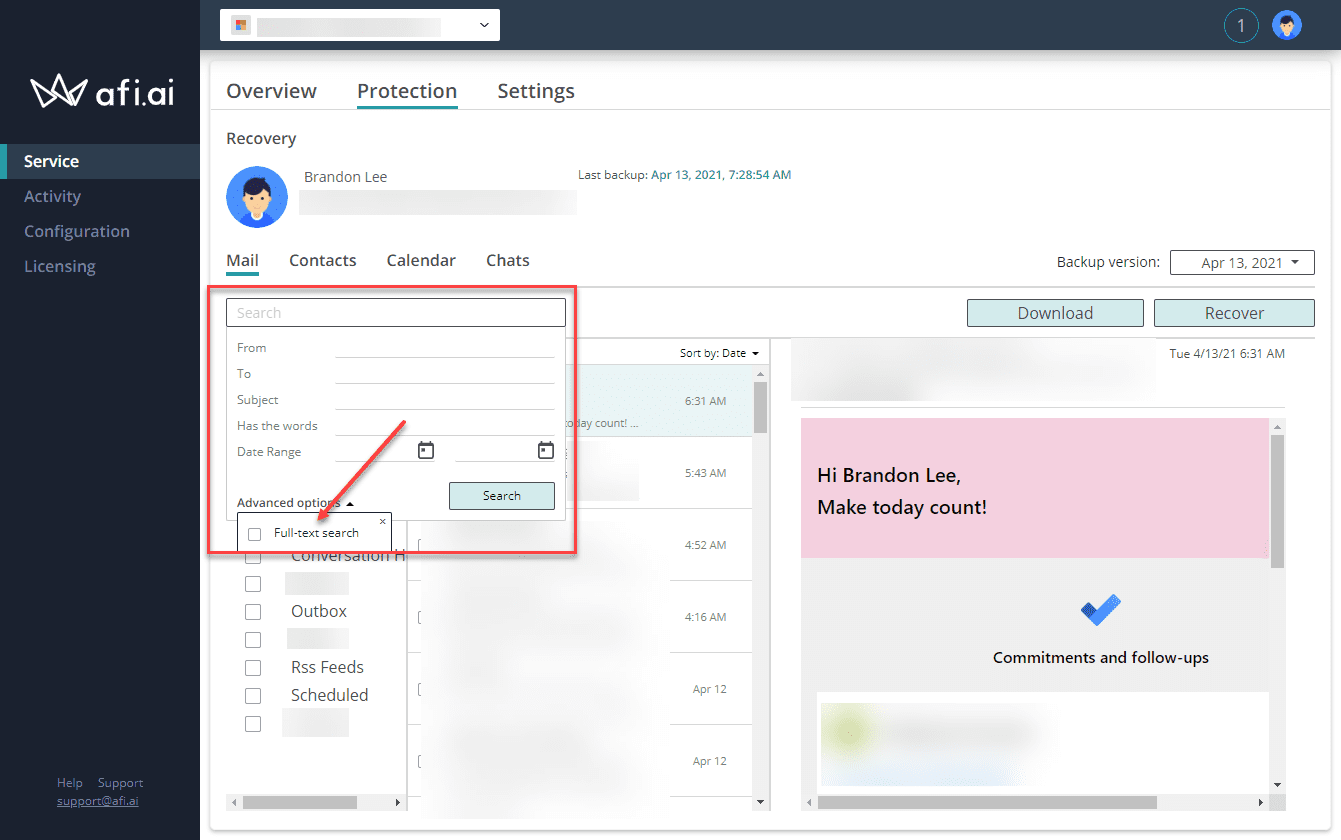 Searching for specific data in afi backup