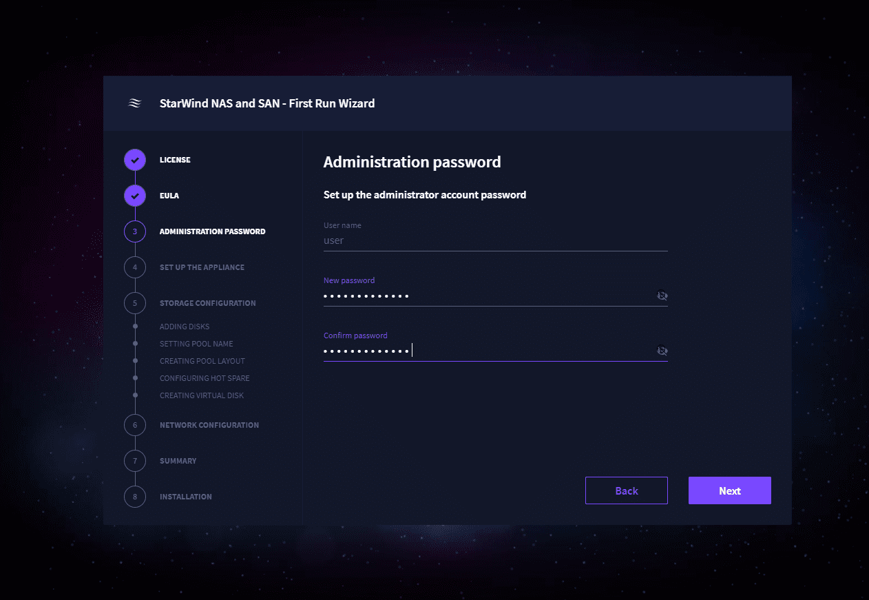 Set the administrator password for the starwind appliance