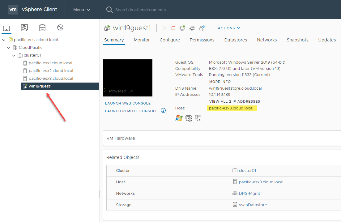 Vmware vsphere cluster with a running virtual machine