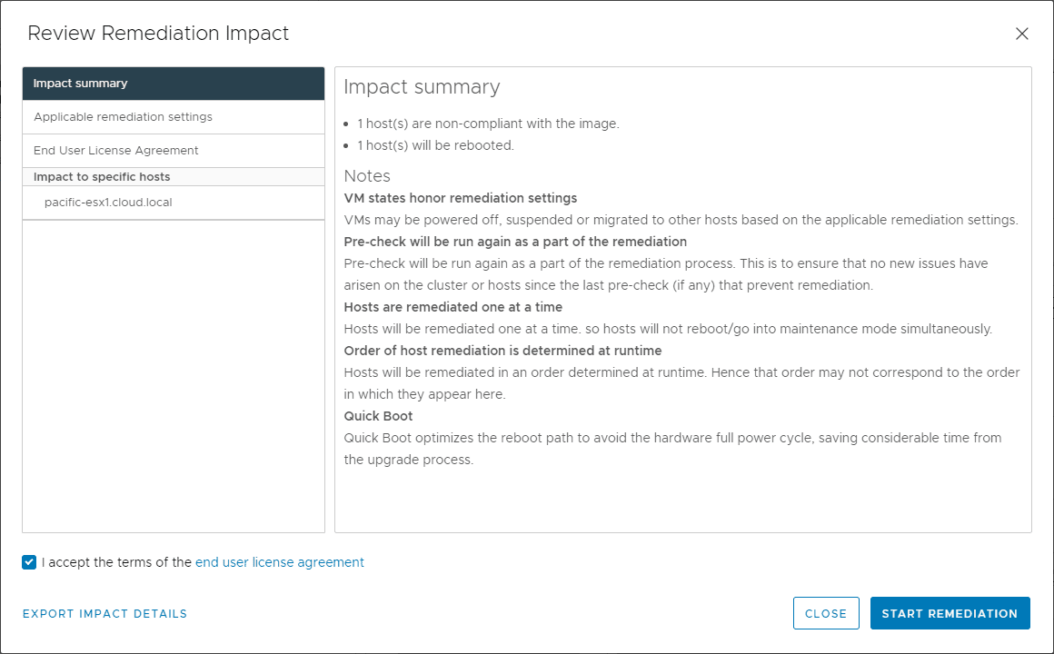 Review remediation impact of applying the vlcm image