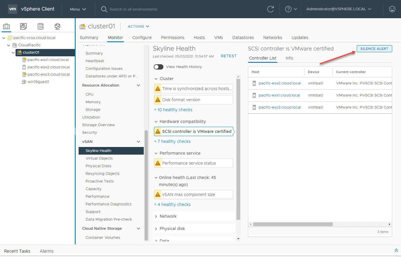Silencing the storage controller check in skyline health for the vsan cluster