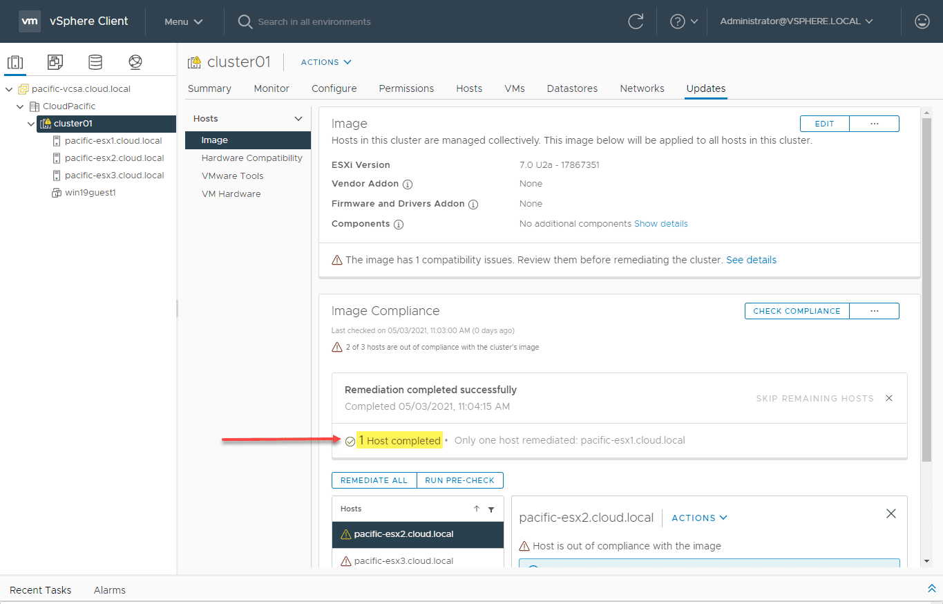 The host remediation using the vlcm image completes successfully