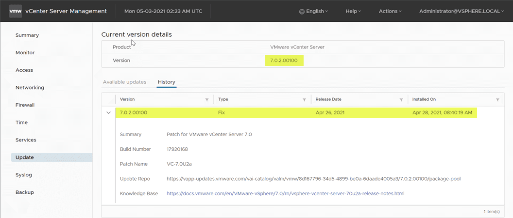 Vcenter server is successfully updated to vcenter server 7.0 update 2a