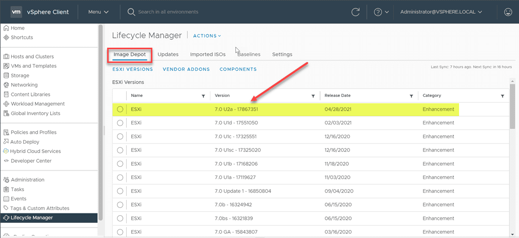 Verifying the image depot has downloaded the esxi 7.0 update 2a image