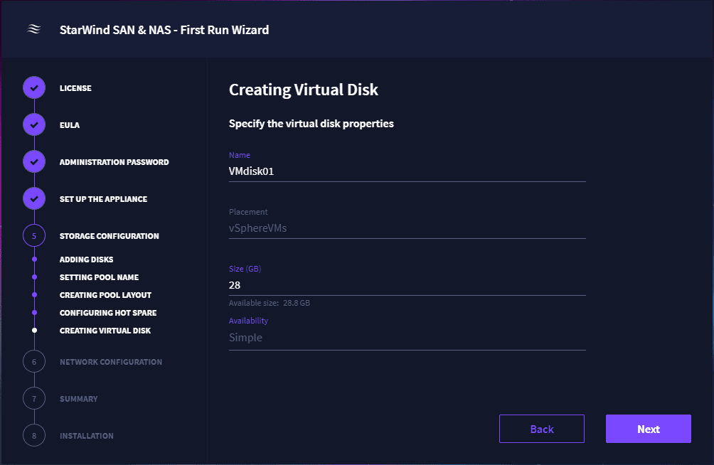Create a virtual disk and configure the storage size
