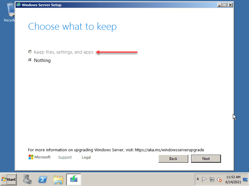 Keep files settings and apps greyed out directly from windows server 2008 to 2022