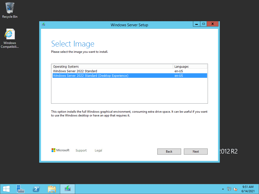 Select the windows server 2022 image you want to install