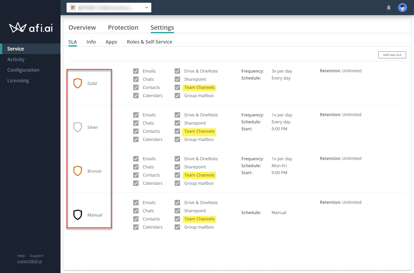 Afi SLA protection policies for Microsoft Teams