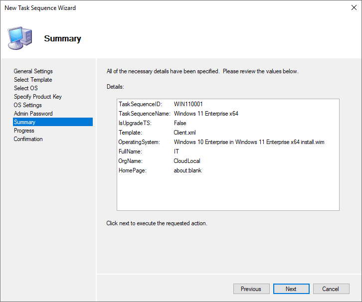 Review the summary screen for the Windows 11 task sequence