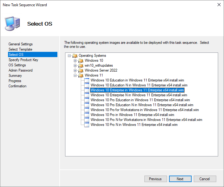 Select the OS to deploy in the task sequence