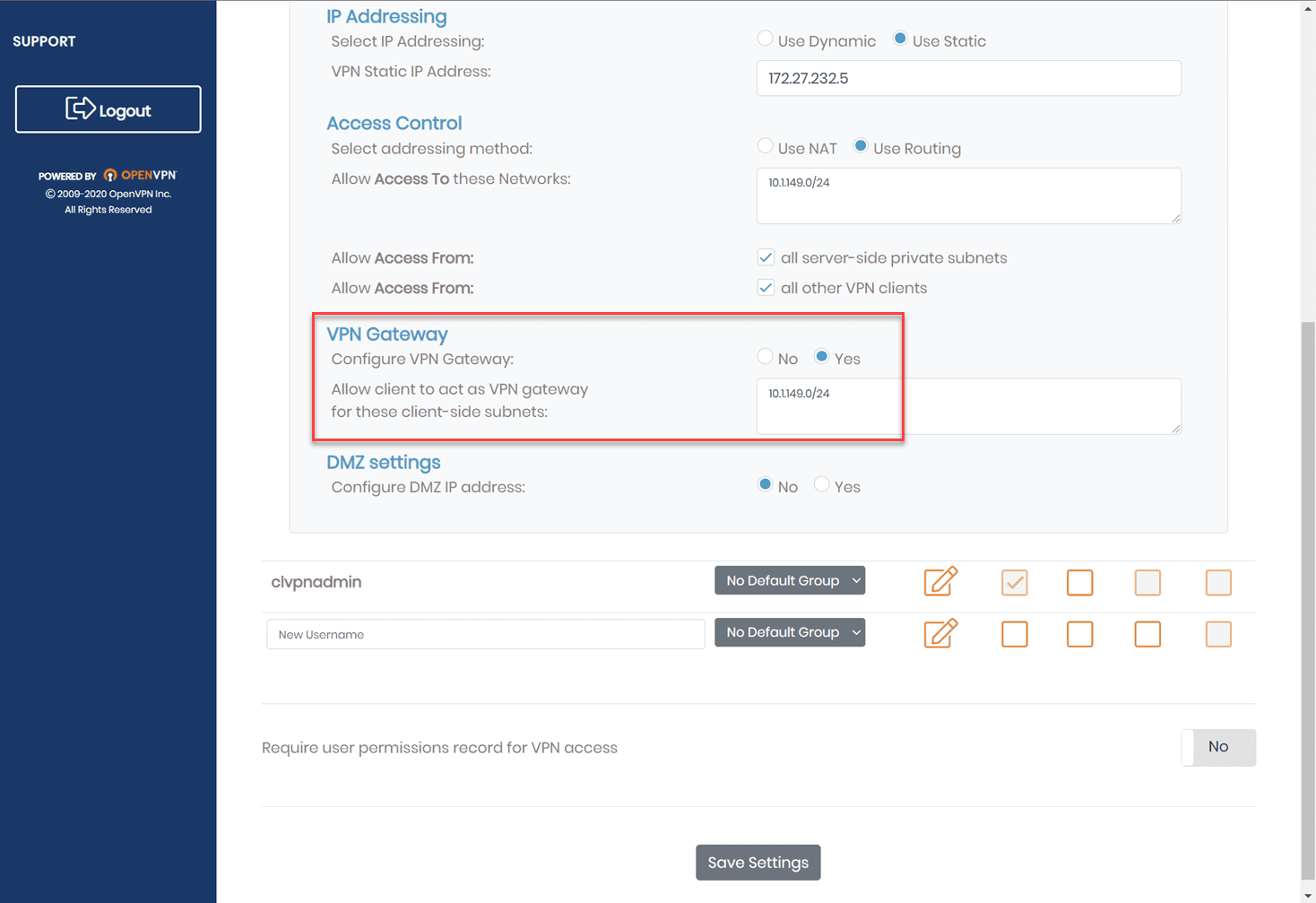 Configure VPN gateway option for an OpenVPN Access Server user
