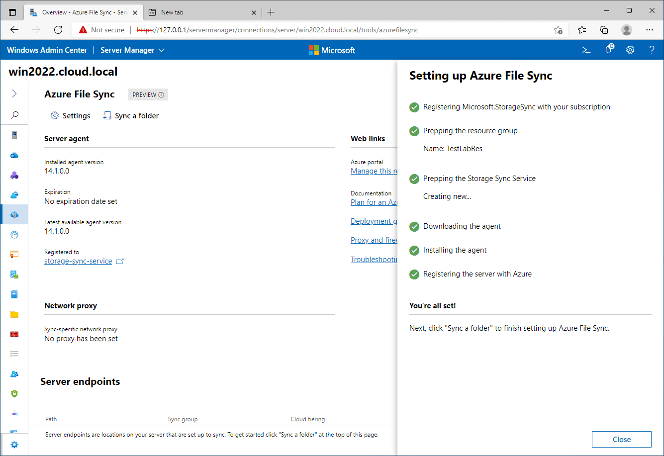 Configuration set and file sync agent installed