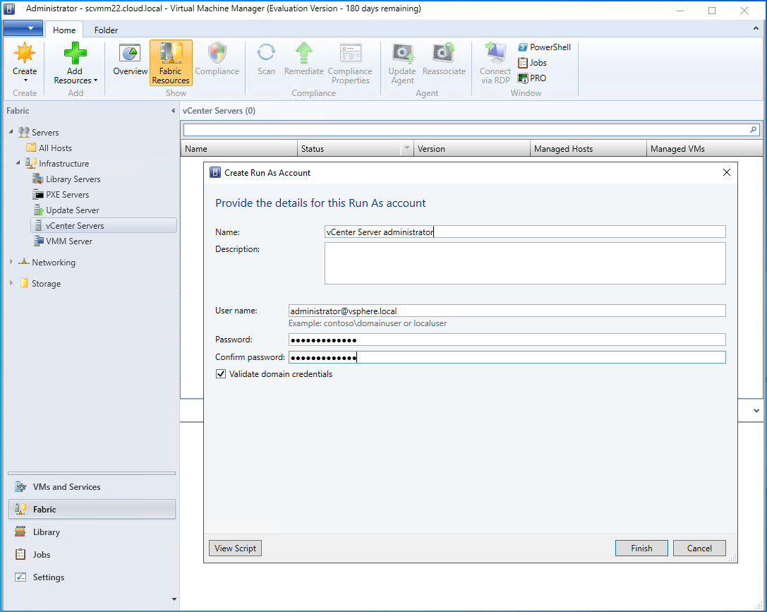 Run as account selected for adding the VMware vCenter Server to System Center Virtual Machine Manager 2022