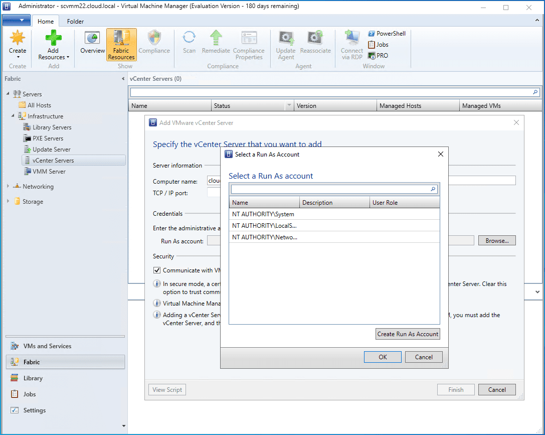 Select a run as account for adding VMware vCenter Server