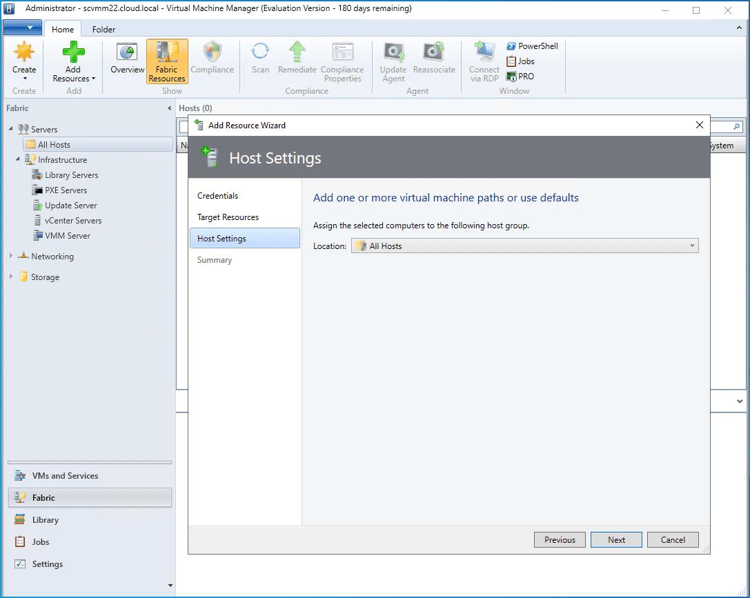 Select the location for adding the VMware ESXi hosts
