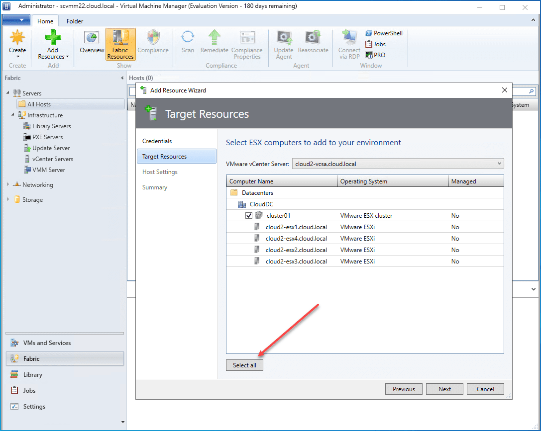Selecting all VMware ESXi host resources in the cluster
