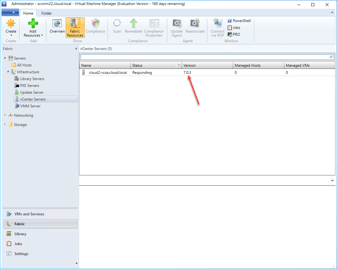 System Center Virtual Machine Manager 2022 successfully added a vCenter Server running 7.0.3