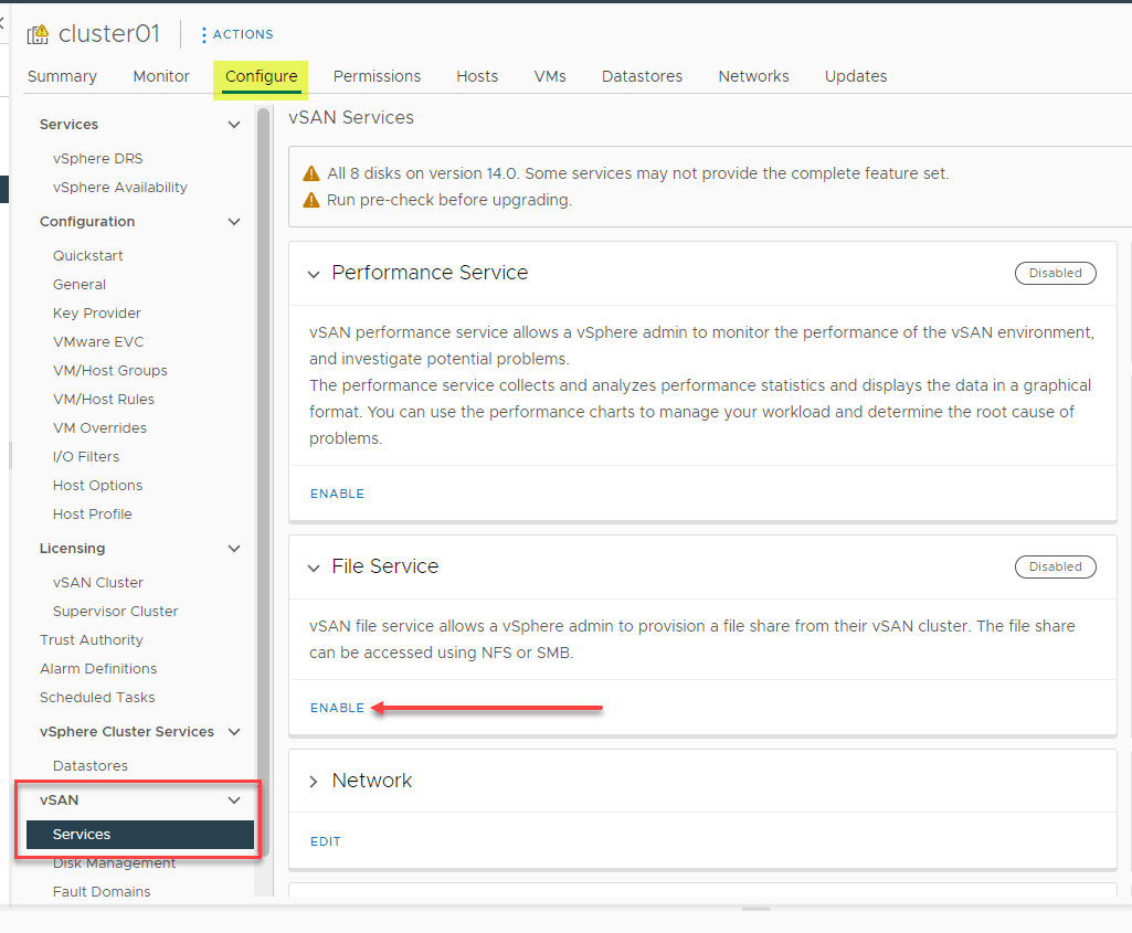 Beginning to configure the vSAN file service